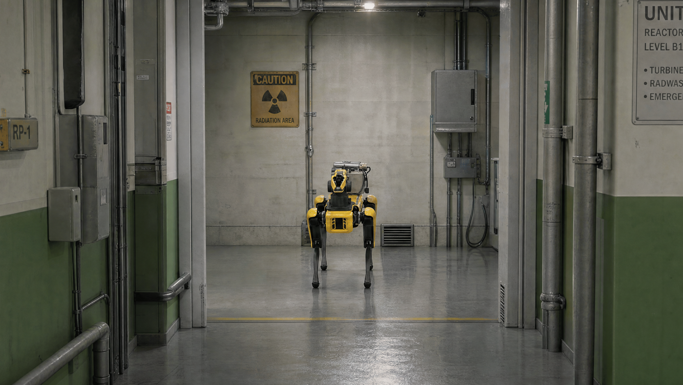 Quadruped robot operating in a nuclear facility hallway